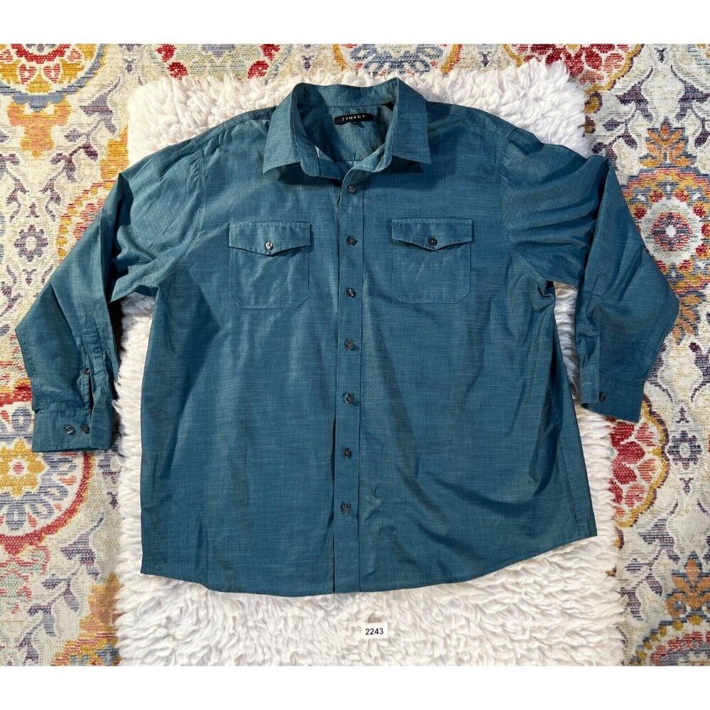 Synrgy Men's Shirt Casual 2XL Long Sleeve Blue Teal Button Spread Collar Cotton